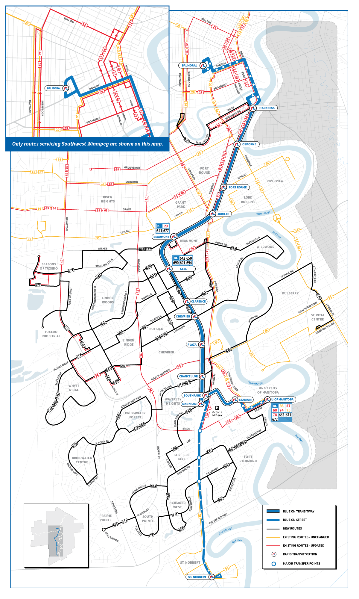 Map of the Rapid Transit network in Southwest Winnipeg