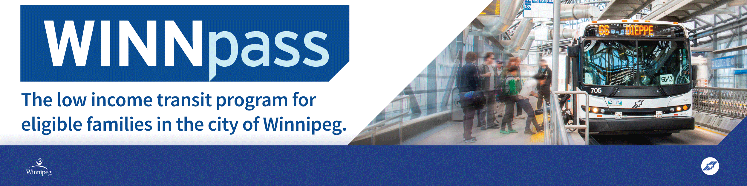 People getting on a bus at a rapid transit station, text reads WINNpass The new low income transit program for eligible families in the City of Winnipeg
