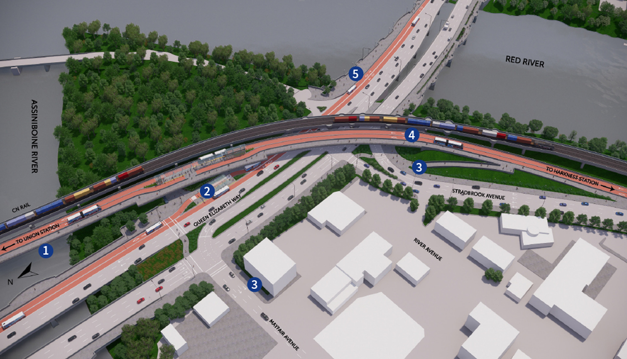 Image rendering of future rapid transit line alongside existing train tracks at Norwood Bridge.