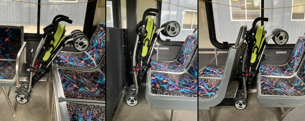 a folded stroller is shown stowed in three different places on this bus”)