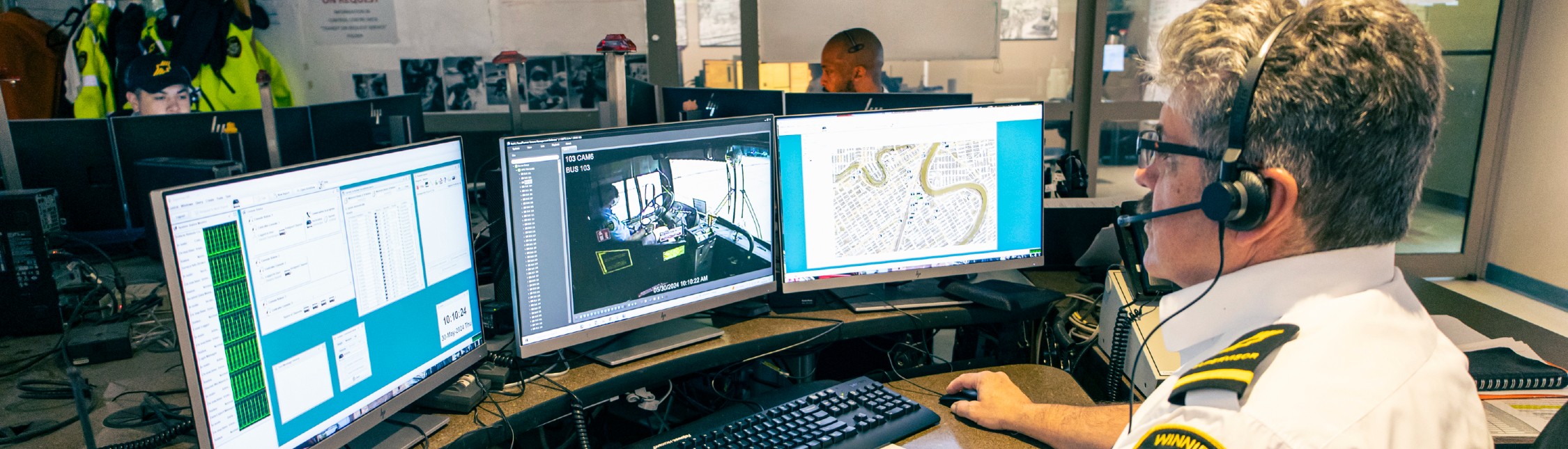 A Winnipeg Transit supervisor in Transit’s control centre where all video feeds are transmitted. Transit’s control centre is staffed by supervisors 24 hours a day, 7 days a week.